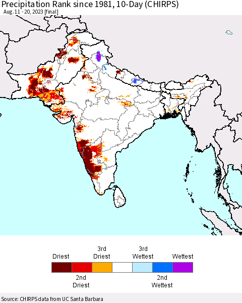 Southern Asia Precipitation Rank since 1981, 10-Day (CHIRPS) Thematic Map For 8/11/2023 - 8/20/2023
