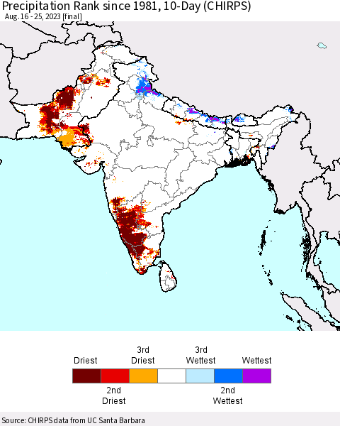 Southern Asia Precipitation Rank since 1981, 10-Day (CHIRPS) Thematic Map For 8/16/2023 - 8/25/2023