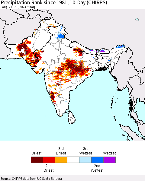 Southern Asia Precipitation Rank since 1981, 10-Day (CHIRPS) Thematic Map For 8/21/2023 - 8/31/2023