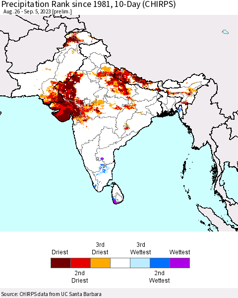 Southern Asia Precipitation Rank since 1981, 10-Day (CHIRPS) Thematic Map For 8/26/2023 - 9/5/2023