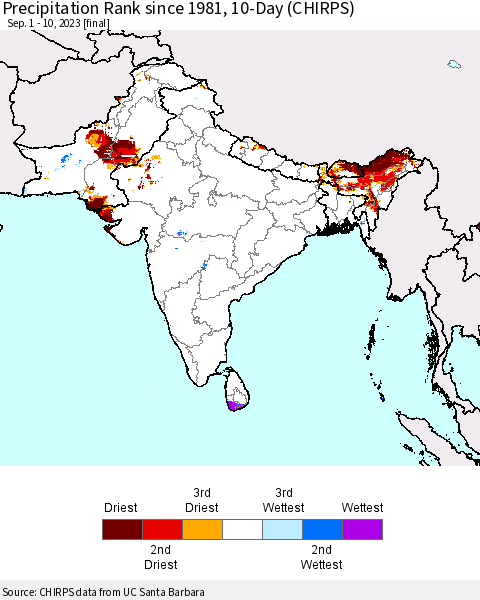 Southern Asia Precipitation Rank since 1981, 10-Day (CHIRPS) Thematic Map For 9/1/2023 - 9/10/2023