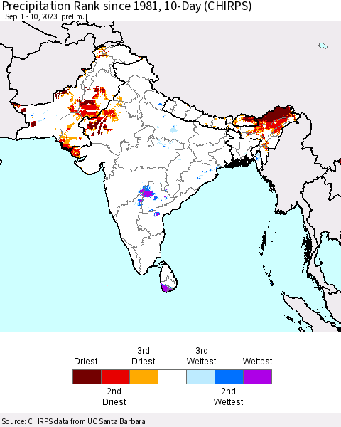 Southern Asia Precipitation Rank since 1981, 10-Day (CHIRPS) Thematic Map For 9/1/2023 - 9/10/2023