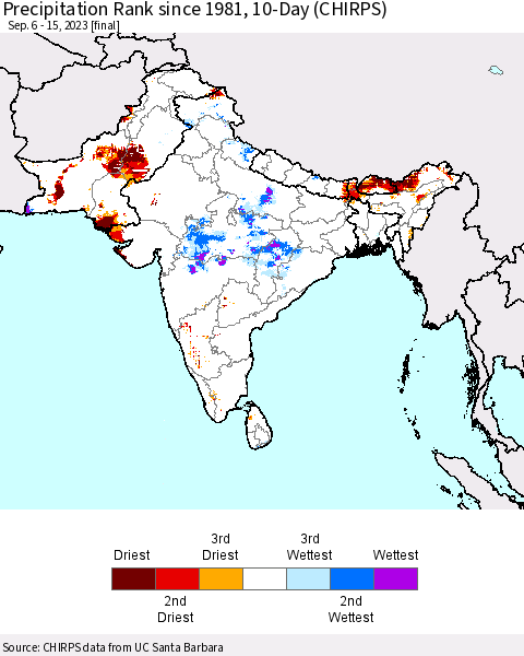 Southern Asia Precipitation Rank since 1981, 10-Day (CHIRPS) Thematic Map For 9/6/2023 - 9/15/2023