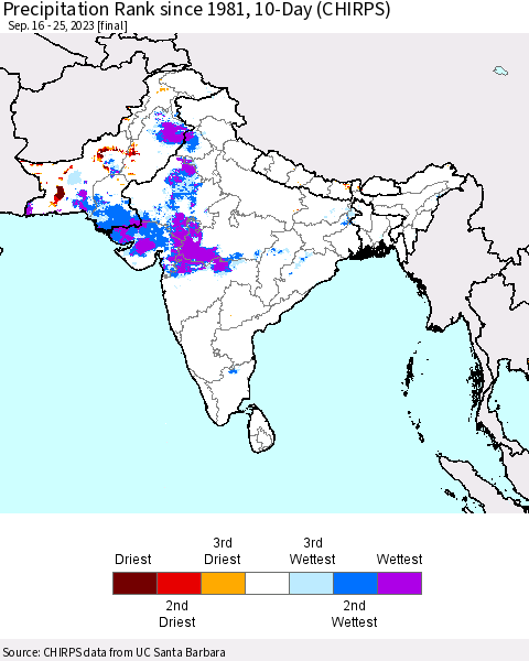 Southern Asia Precipitation Rank since 1981, 10-Day (CHIRPS) Thematic Map For 9/16/2023 - 9/25/2023