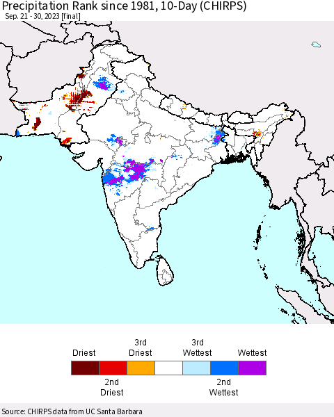 Southern Asia Precipitation Rank since 1981, 10-Day (CHIRPS) Thematic Map For 9/21/2023 - 9/30/2023