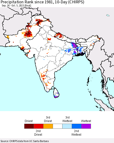 Southern Asia Precipitation Rank since 1981, 10-Day (CHIRPS) Thematic Map For 9/26/2023 - 10/5/2023