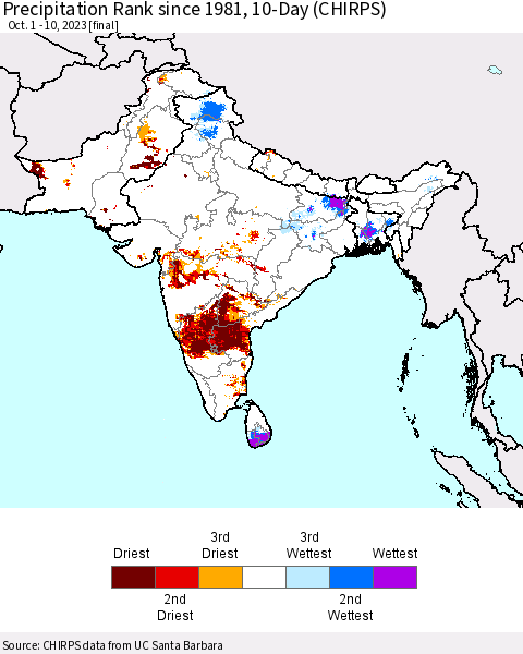 Southern Asia Precipitation Rank since 1981, 10-Day (CHIRPS) Thematic Map For 10/1/2023 - 10/10/2023