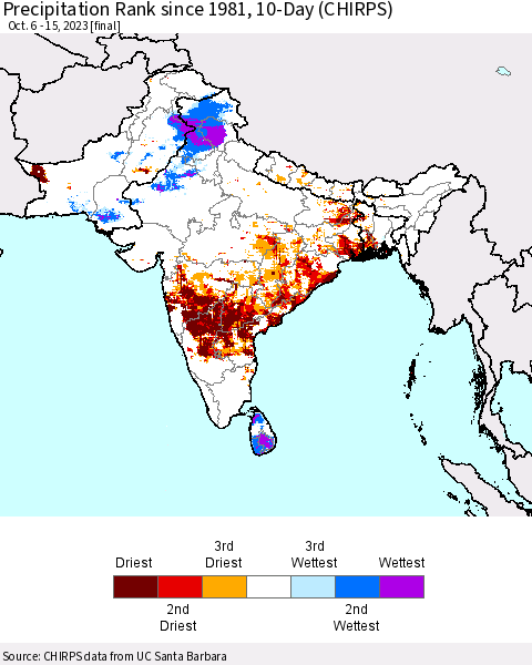 Southern Asia Precipitation Rank since 1981, 10-Day (CHIRPS) Thematic Map For 10/6/2023 - 10/15/2023
