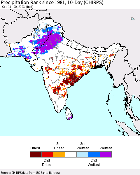 Southern Asia Precipitation Rank since 1981, 10-Day (CHIRPS) Thematic Map For 10/11/2023 - 10/20/2023