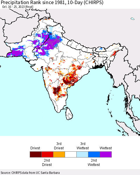 Southern Asia Precipitation Rank since 1981, 10-Day (CHIRPS) Thematic Map For 10/16/2023 - 10/25/2023
