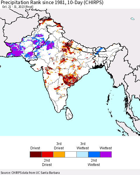 Southern Asia Precipitation Rank since 1981, 10-Day (CHIRPS) Thematic Map For 10/21/2023 - 10/31/2023