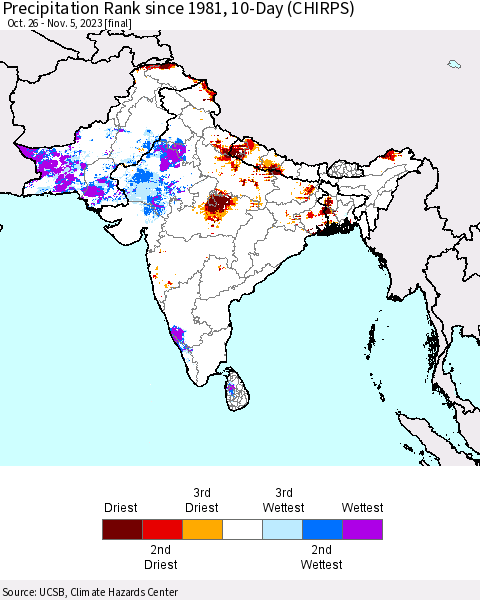 Southern Asia Precipitation Rank since 1981, 10-Day (CHIRPS) Thematic Map For 10/26/2023 - 11/5/2023