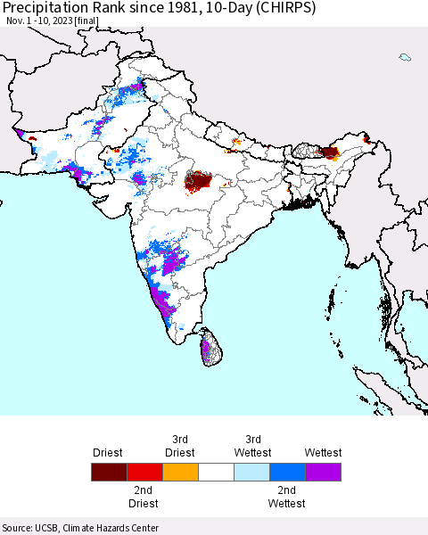 Southern Asia Precipitation Rank since 1981, 10-Day (CHIRPS) Thematic Map For 11/1/2023 - 11/10/2023