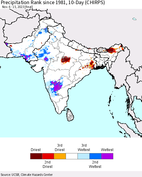 Southern Asia Precipitation Rank since 1981, 10-Day (CHIRPS) Thematic Map For 11/6/2023 - 11/15/2023