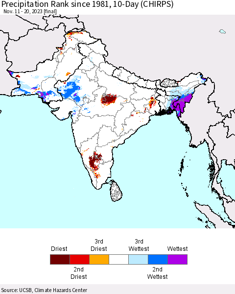 Southern Asia Precipitation Rank since 1981, 10-Day (CHIRPS) Thematic Map For 11/11/2023 - 11/20/2023