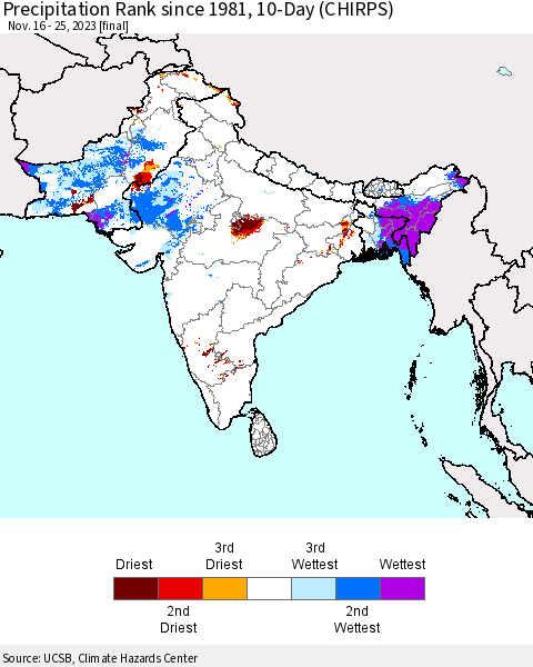 Southern Asia Precipitation Rank since 1981, 10-Day (CHIRPS) Thematic Map For 11/16/2023 - 11/25/2023