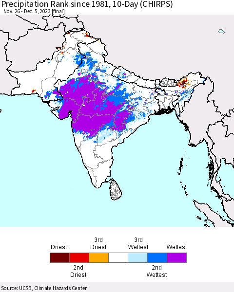 Southern Asia Precipitation Rank since 1981, 10-Day (CHIRPS) Thematic Map For 11/26/2023 - 12/5/2023