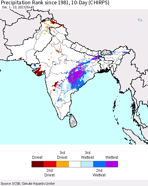 Southern Asia Precipitation Rank since 1981, 10-Day (CHIRPS) Thematic Map For 12/1/2023 - 12/10/2023