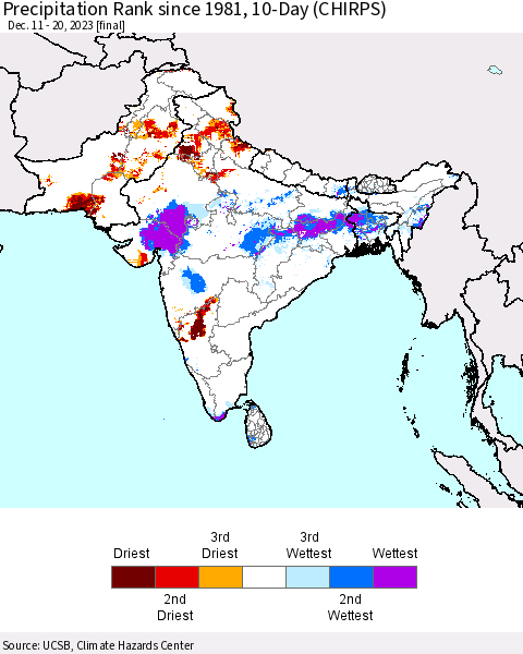 Southern Asia Precipitation Rank since 1981, 10-Day (CHIRPS) Thematic Map For 12/11/2023 - 12/20/2023