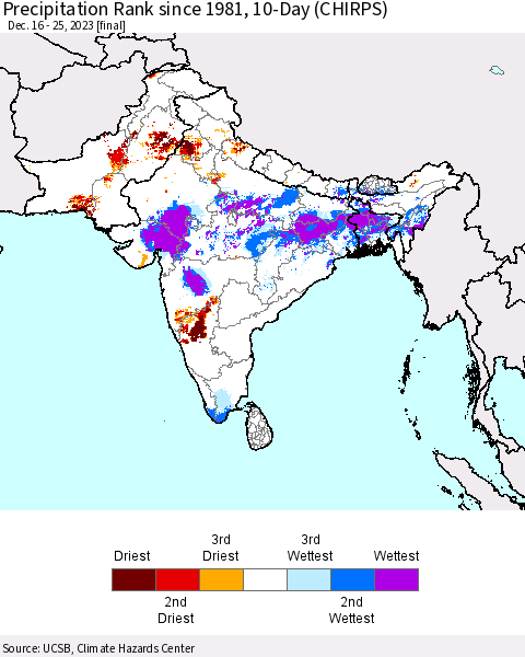 Southern Asia Precipitation Rank since 1981, 10-Day (CHIRPS) Thematic Map For 12/16/2023 - 12/25/2023