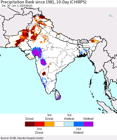 Southern Asia Precipitation Rank since 1981, 10-Day (CHIRPS) Thematic Map For 12/26/2023 - 1/5/2024