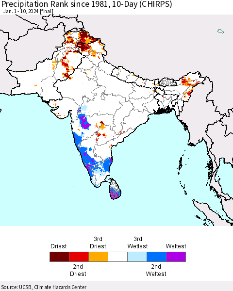 Southern Asia Precipitation Rank since 1981, 10-Day (CHIRPS) Thematic Map For 1/1/2024 - 1/10/2024