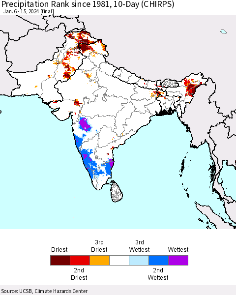 Southern Asia Precipitation Rank since 1981, 10-Day (CHIRPS) Thematic Map For 1/6/2024 - 1/15/2024