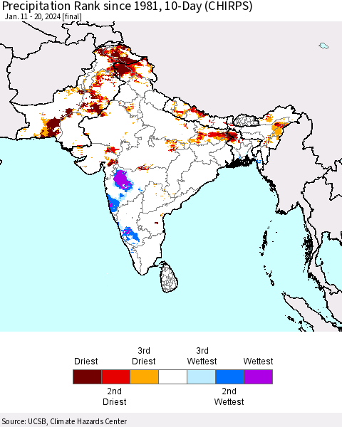 Southern Asia Precipitation Rank since 1981, 10-Day (CHIRPS) Thematic Map For 1/11/2024 - 1/20/2024
