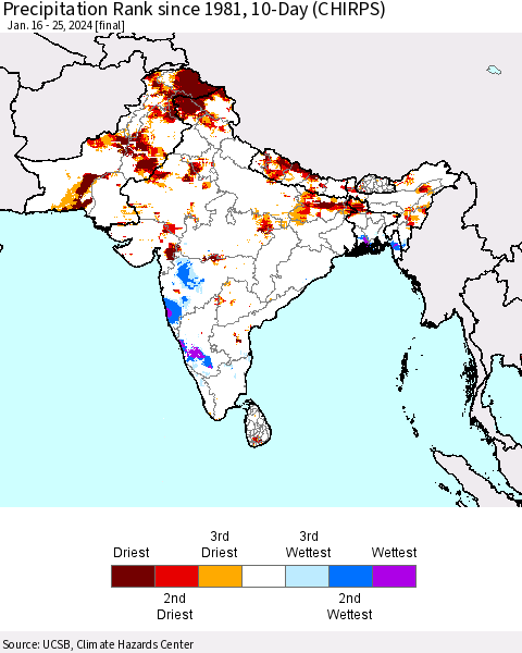 Southern Asia Precipitation Rank since 1981, 10-Day (CHIRPS) Thematic Map For 1/16/2024 - 1/25/2024