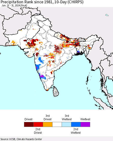 Southern Asia Precipitation Rank since 1981, 10-Day (CHIRPS) Thematic Map For 1/21/2024 - 1/31/2024