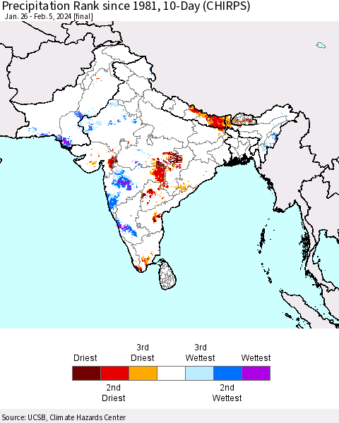 Southern Asia Precipitation Rank since 1981, 10-Day (CHIRPS) Thematic Map For 1/26/2024 - 2/5/2024