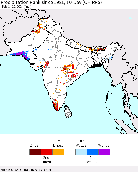 Southern Asia Precipitation Rank since 1981, 10-Day (CHIRPS) Thematic Map For 2/1/2024 - 2/10/2024