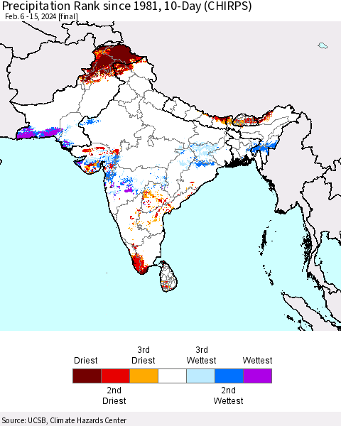 Southern Asia Precipitation Rank since 1981, 10-Day (CHIRPS) Thematic Map For 2/6/2024 - 2/15/2024