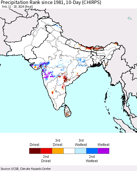Southern Asia Precipitation Rank since 1981, 10-Day (CHIRPS) Thematic Map For 2/11/2024 - 2/20/2024