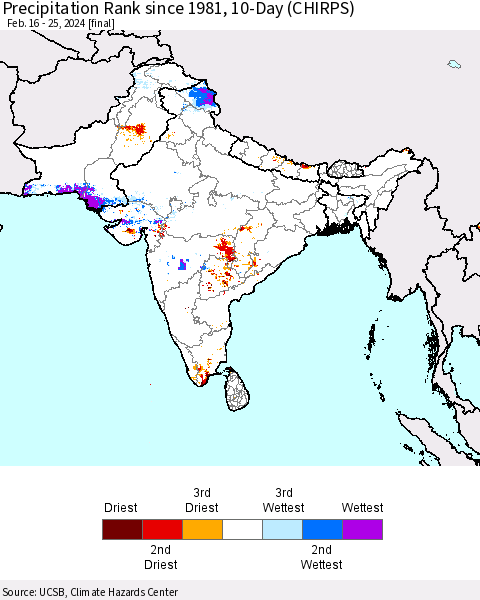 Southern Asia Precipitation Rank since 1981, 10-Day (CHIRPS) Thematic Map For 2/16/2024 - 2/25/2024
