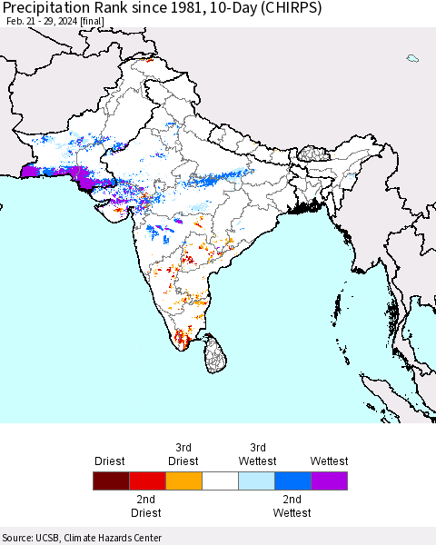 Southern Asia Precipitation Rank since 1981, 10-Day (CHIRPS) Thematic Map For 2/21/2024 - 2/29/2024