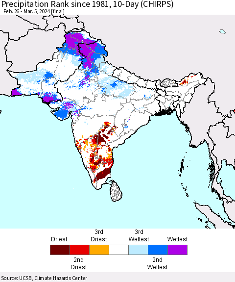 Southern Asia Precipitation Rank since 1981, 10-Day (CHIRPS) Thematic Map For 2/26/2024 - 3/5/2024