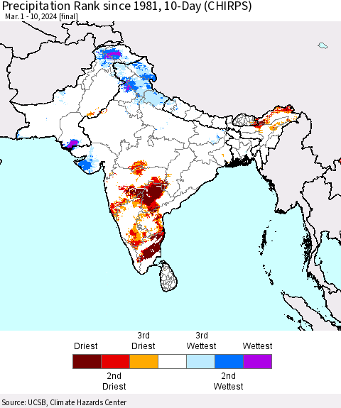 Southern Asia Precipitation Rank since 1981, 10-Day (CHIRPS) Thematic Map For 3/1/2024 - 3/10/2024