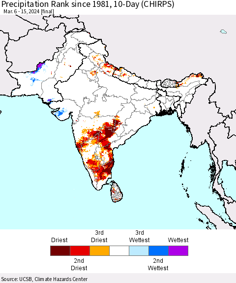 Southern Asia Precipitation Rank since 1981, 10-Day (CHIRPS) Thematic Map For 3/6/2024 - 3/15/2024