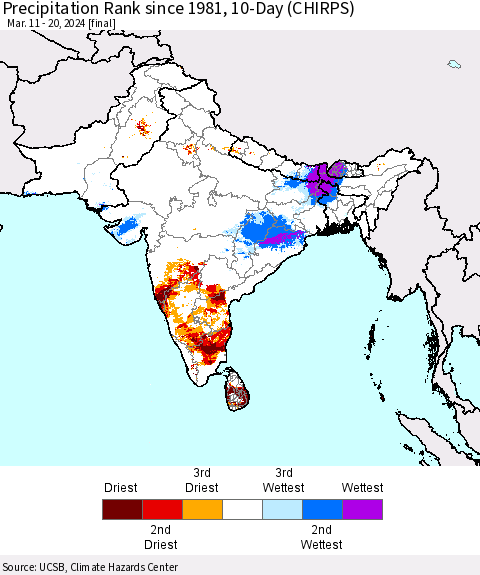 Southern Asia Precipitation Rank since 1981, 10-Day (CHIRPS) Thematic Map For 3/11/2024 - 3/20/2024