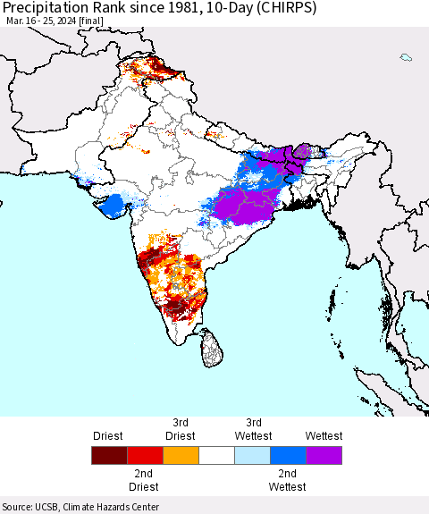 Southern Asia Precipitation Rank since 1981, 10-Day (CHIRPS) Thematic Map For 3/16/2024 - 3/25/2024