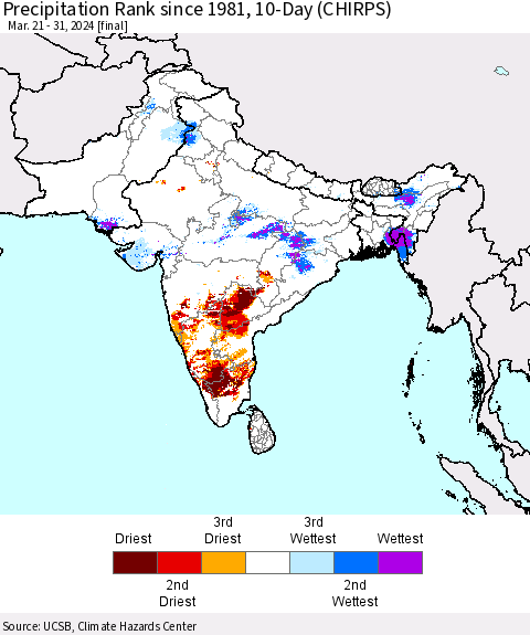 Southern Asia Precipitation Rank since 1981, 10-Day (CHIRPS) Thematic Map For 3/21/2024 - 3/31/2024