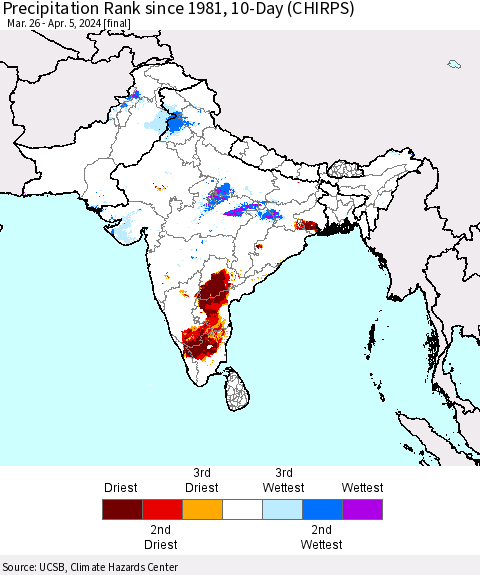 Southern Asia Precipitation Rank since 1981, 10-Day (CHIRPS) Thematic Map For 3/26/2024 - 4/5/2024