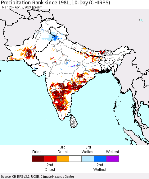 Southern Asia Precipitation Rank since 1981, 10-Day (CHIRPS) Thematic Map For 3/26/2024 - 4/5/2024