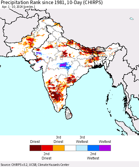 Southern Asia Precipitation Rank since 1981, 10-Day (CHIRPS) Thematic Map For 4/1/2024 - 4/10/2024