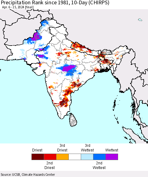 Southern Asia Precipitation Rank since 1981, 10-Day (CHIRPS) Thematic Map For 4/6/2024 - 4/15/2024