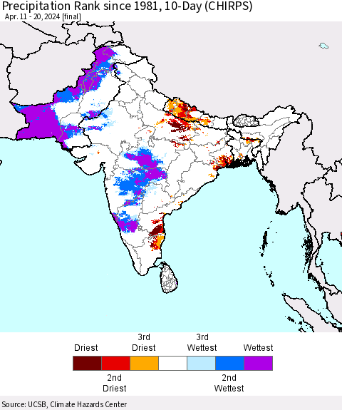Southern Asia Precipitation Rank since 1981, 10-Day (CHIRPS) Thematic Map For 4/11/2024 - 4/20/2024