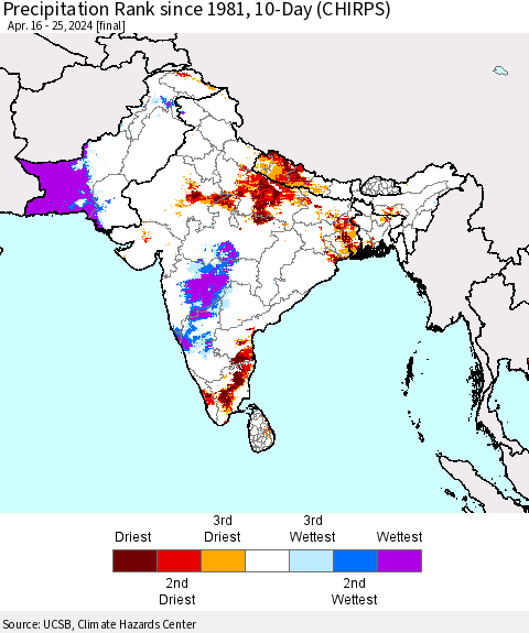 Southern Asia Precipitation Rank since 1981, 10-Day (CHIRPS) Thematic Map For 4/16/2024 - 4/25/2024