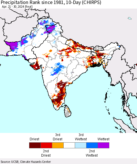 Southern Asia Precipitation Rank since 1981, 10-Day (CHIRPS) Thematic Map For 4/21/2024 - 4/30/2024