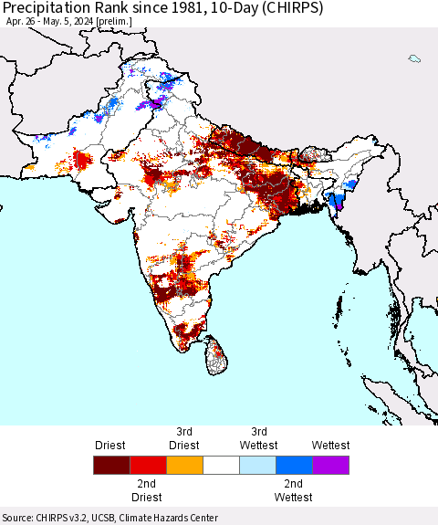 Southern Asia Precipitation Rank since 1981, 10-Day (CHIRPS) Thematic Map For 4/26/2024 - 5/5/2024